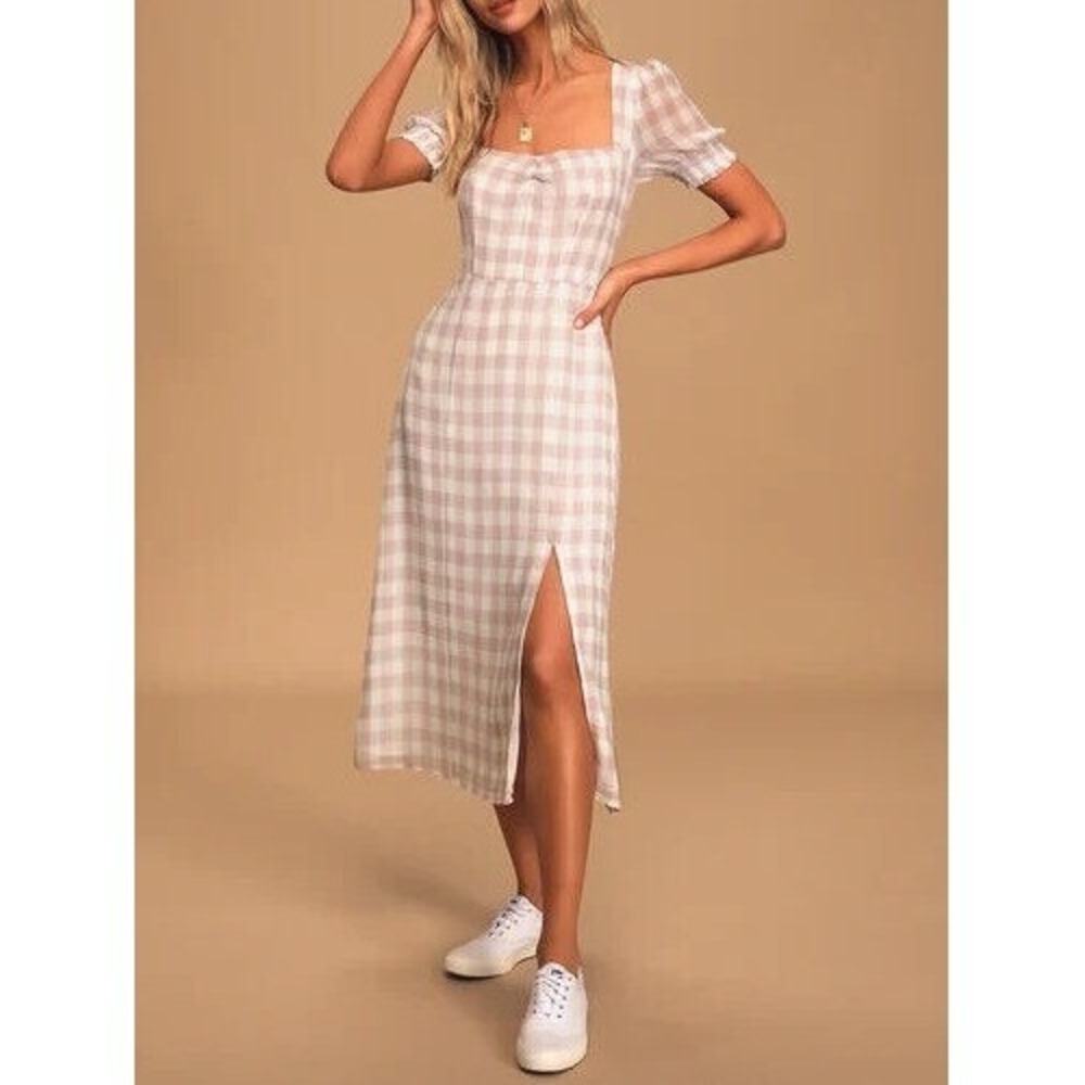 Lulus Womens Sz Small Mauve Gingham Puff Sleeve Midi Dress Side Slit Cottagecore